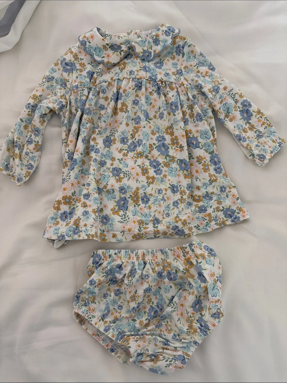 Angel Dear Floral Long-Sleeve Dress & Bloomers - Blue, Mustard, Cream